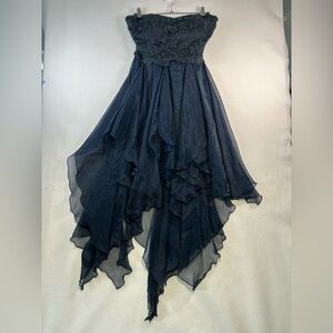 Daisy Prom Goth Metallic Blue-Black Hankerchief Strapless Lace Bodice Dress
